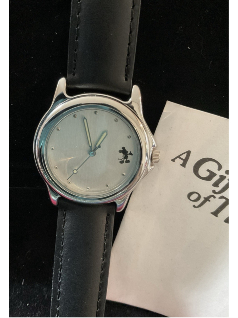 Vintage Disney Mickey Mouse Watch W/Black Leather Strap. Never Worn - Picture 1 of 6